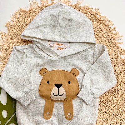 Inverno 2025 - Conj. Casaco com Capuz Urso Fofo e Calça - Mescla e Marrom